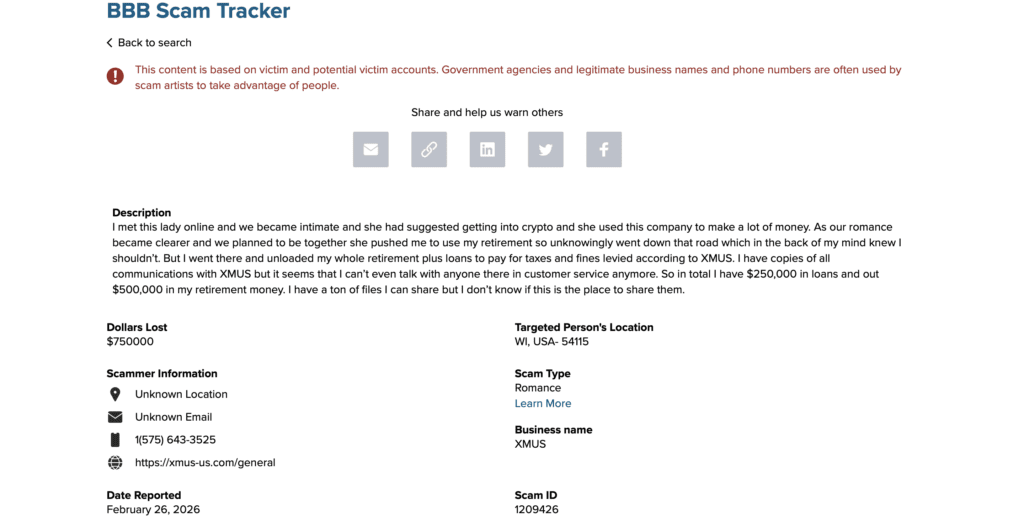 XMUS crypto scam romance fraud warning xmus-us.com