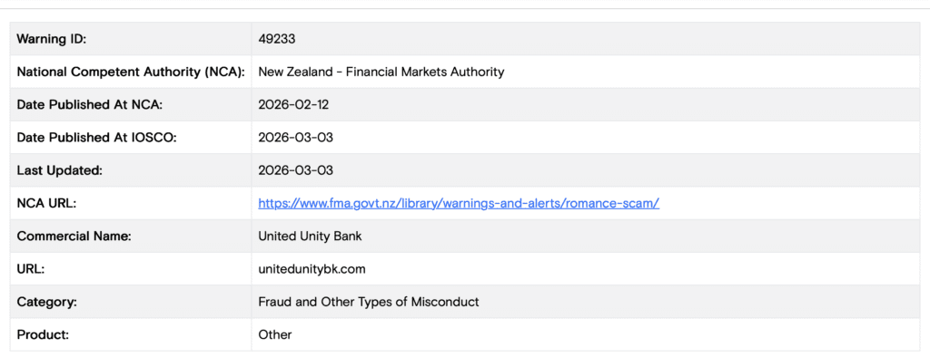 United Unity Bank scam fake bank romance fraud warning