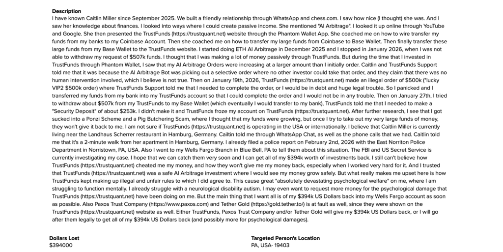 TrustQuant scam ETH AI arbitrage TrustFunds pig butchering fraud warning