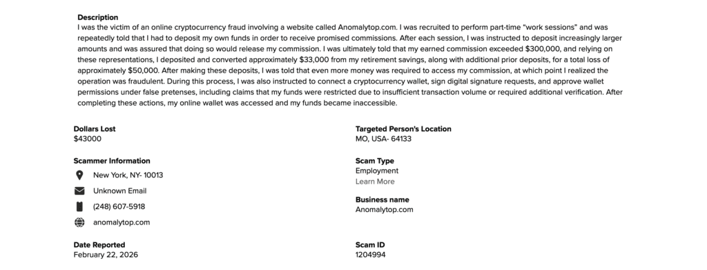Anomalytop.com Scam: Crypto Fraud Warning & Victim Guide
