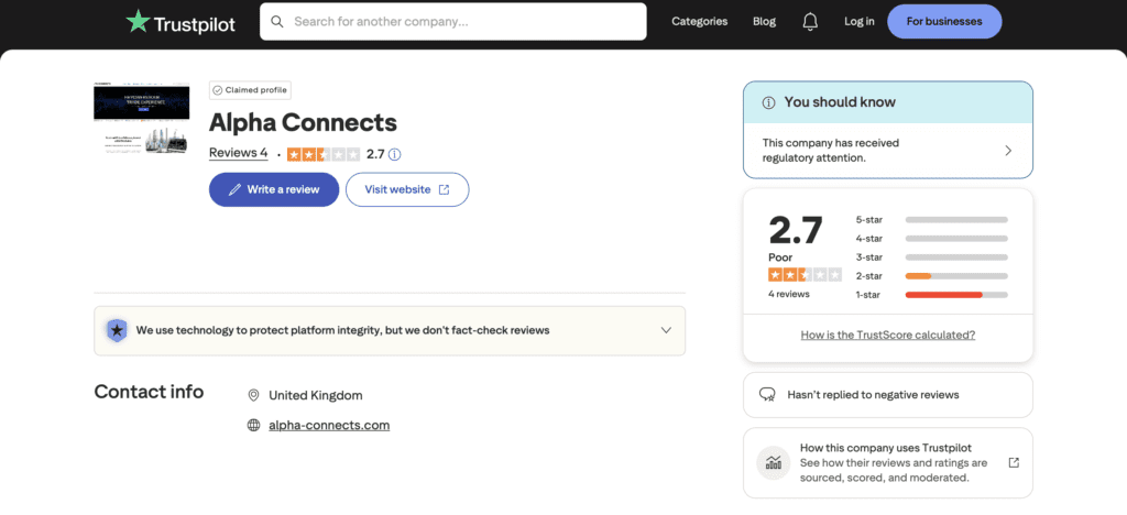 Alpha Connects Trustpilot negative reviews scam warning