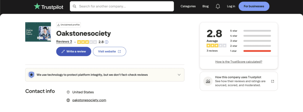 OakStone Society Trustpilot one star reviews withdrawal blocked