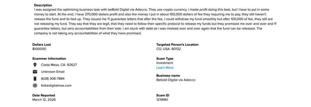 BBB scam tracker Kobedigitalmax.com beBold Digital Adecco report ID 1219961