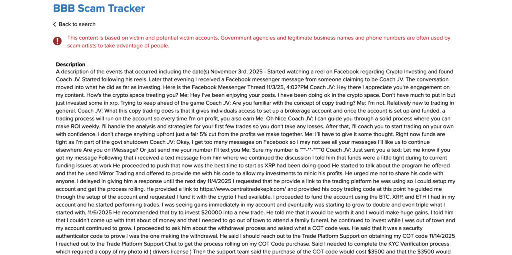 BBB scam tracker Central Trade Hub centraltradekeplr.com report ID 1223242 Pennsylvania