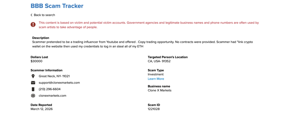 BBB scam tracker Clone X Markets clonexmarkets.com report ID 1221028 California 2026