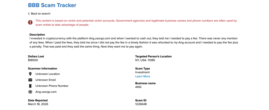 BBB scam tracker ang.usorgs.com ANG report ID 1226648 New York 2026