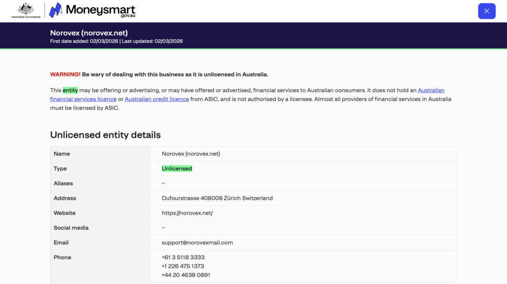 ASIC Moneysmart investor alert list Norovex norovex.net entry 4135