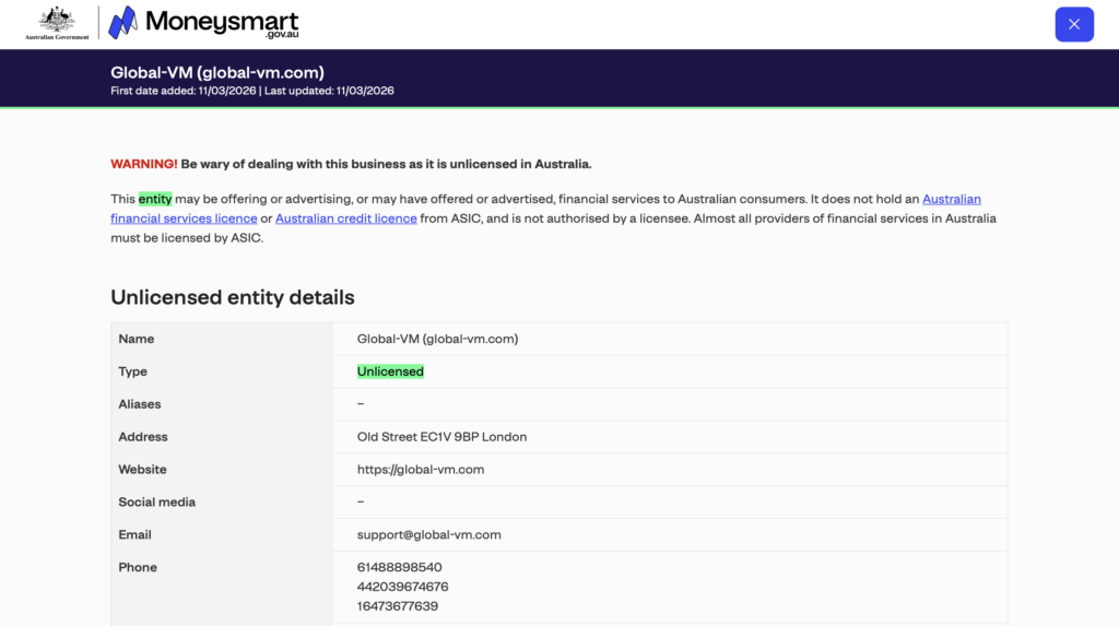 ASIC Moneysmart investor alert list Global VM global-vm.com entry 4151 no AFS licence
