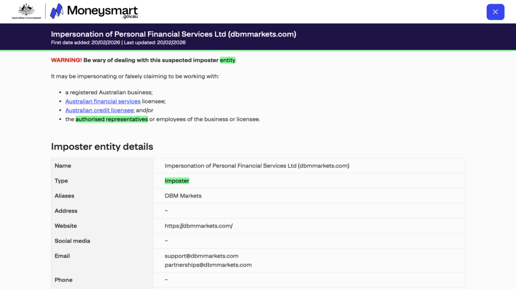 ASIC Moneysmart investor alert list DBM Markets Personal Financial Services Ltd impersonation entry 4098