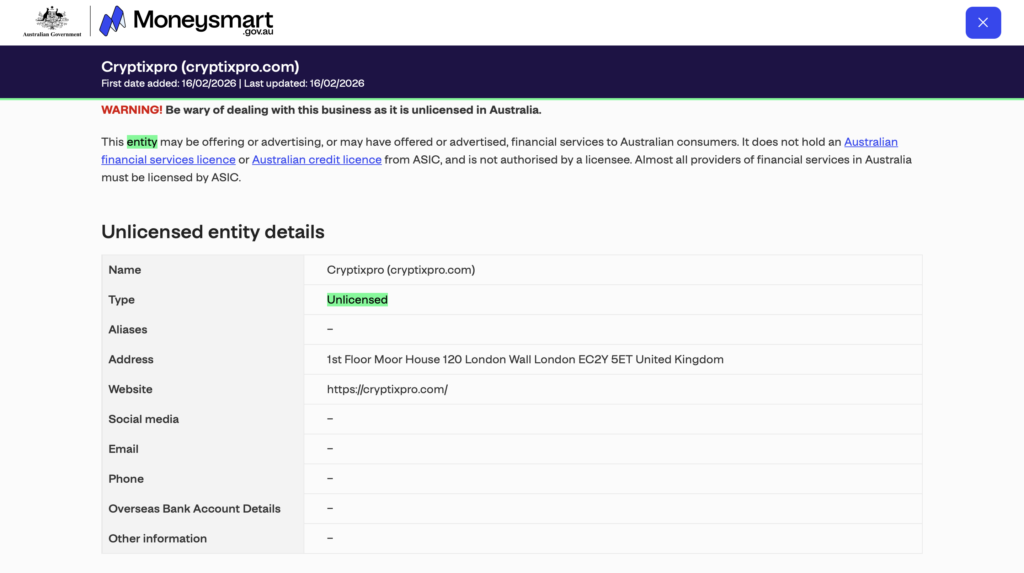 ASIC Moneysmart investor alert list Cryptixpro cryptixpro.com entry 4025 no AFS licence