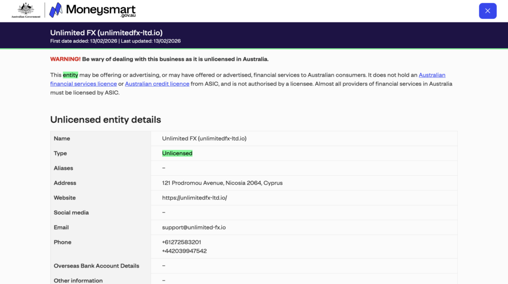 ASIC Moneysmart investor alert list Unlimited FX unlimitedfx-ltd.io entry 4020 no AFS licence