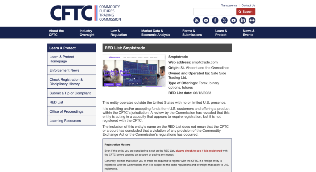 CFTC RED List Smpfxtrade smpfxtrade.com Safe Side Trading Ltd registration deficient unregistered forex broker