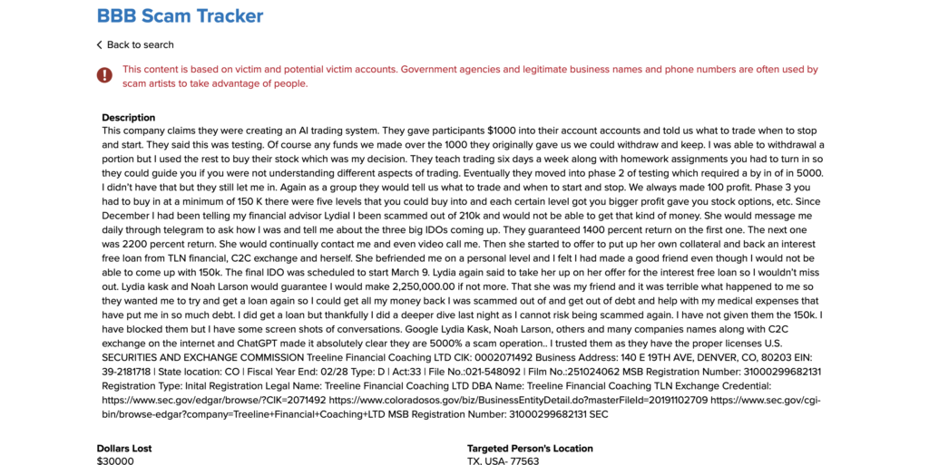 BBB scam tracker TLN Prime tlnprime.com report 1230500 investment stocks fraud losses up to $1 million