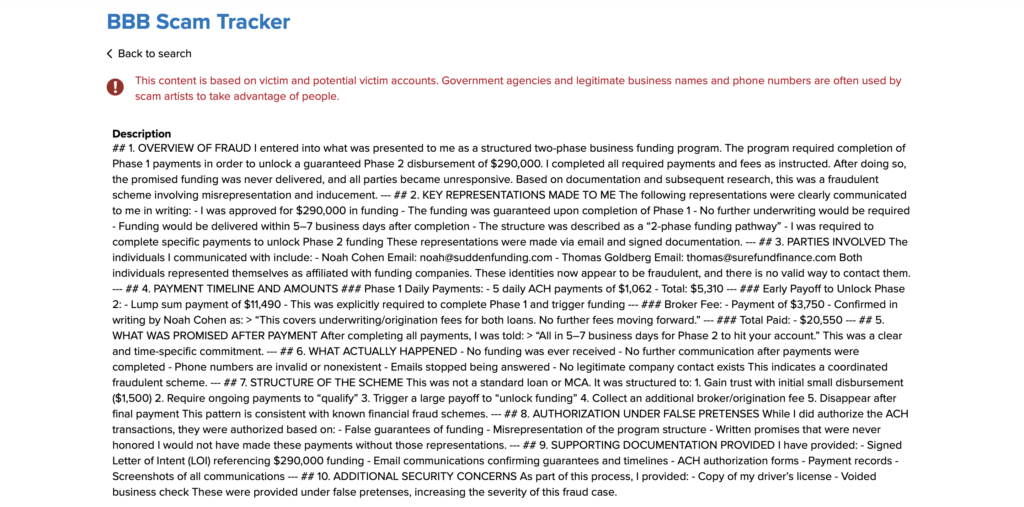 BBB scam tracker Sudden Funding suddenfunding.com 1229685 fake business loan advance fee warning