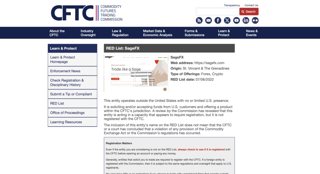 CFTC RED List SageFX sagefx.com entry 241236 registration deficient forex crypto St Vincent