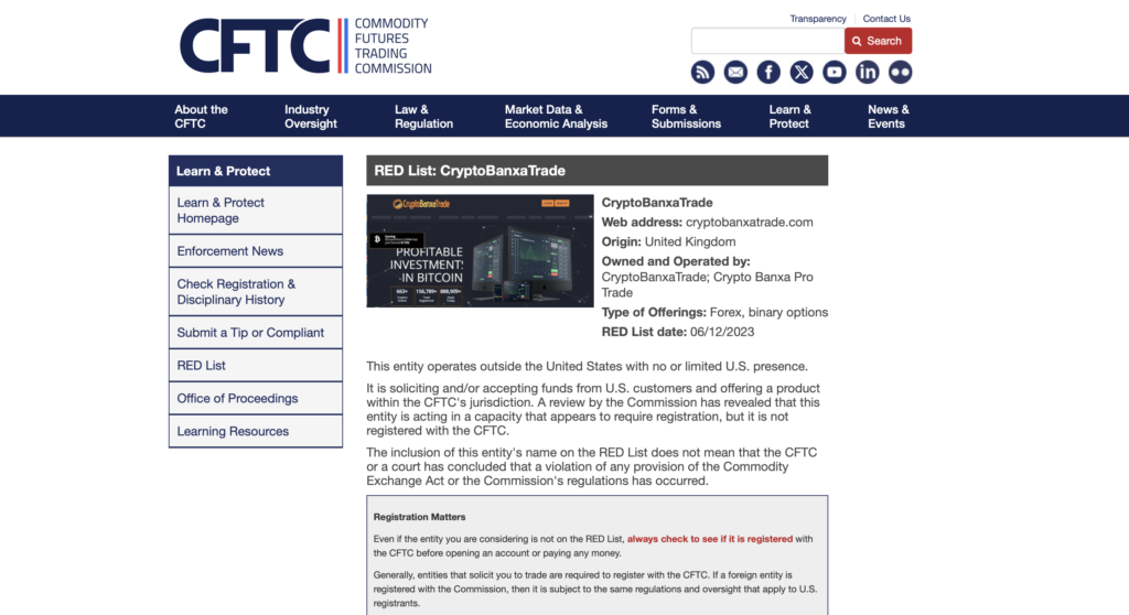 CFTC RED List CryptoBanxaTrade cryptobanxatrade.com entry 245596 registration deficient forex binary options