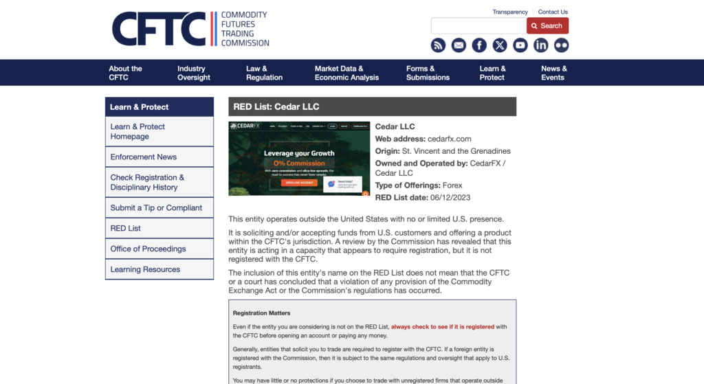 CFTC RED List CedarFX cedarfx.com Cedar LLC entry 245576 registration deficient forex St Vincent