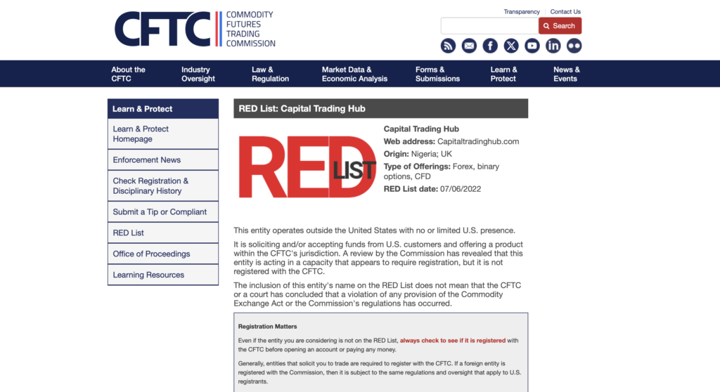 Capitaltradinghub.com unregulated forex broker no license proof