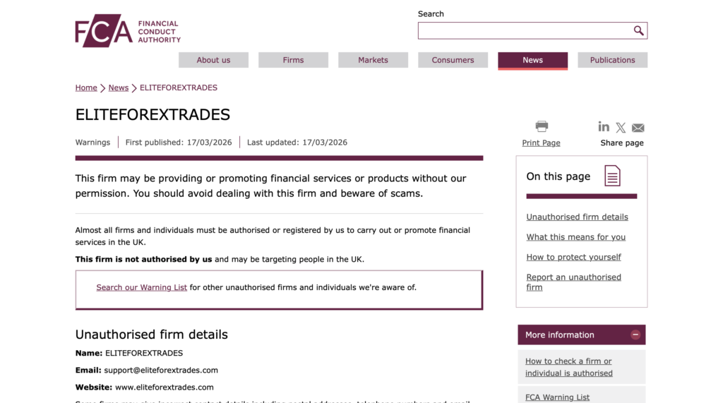 EliteForexTrades FCA blacklist unauthorised broker no licence proof