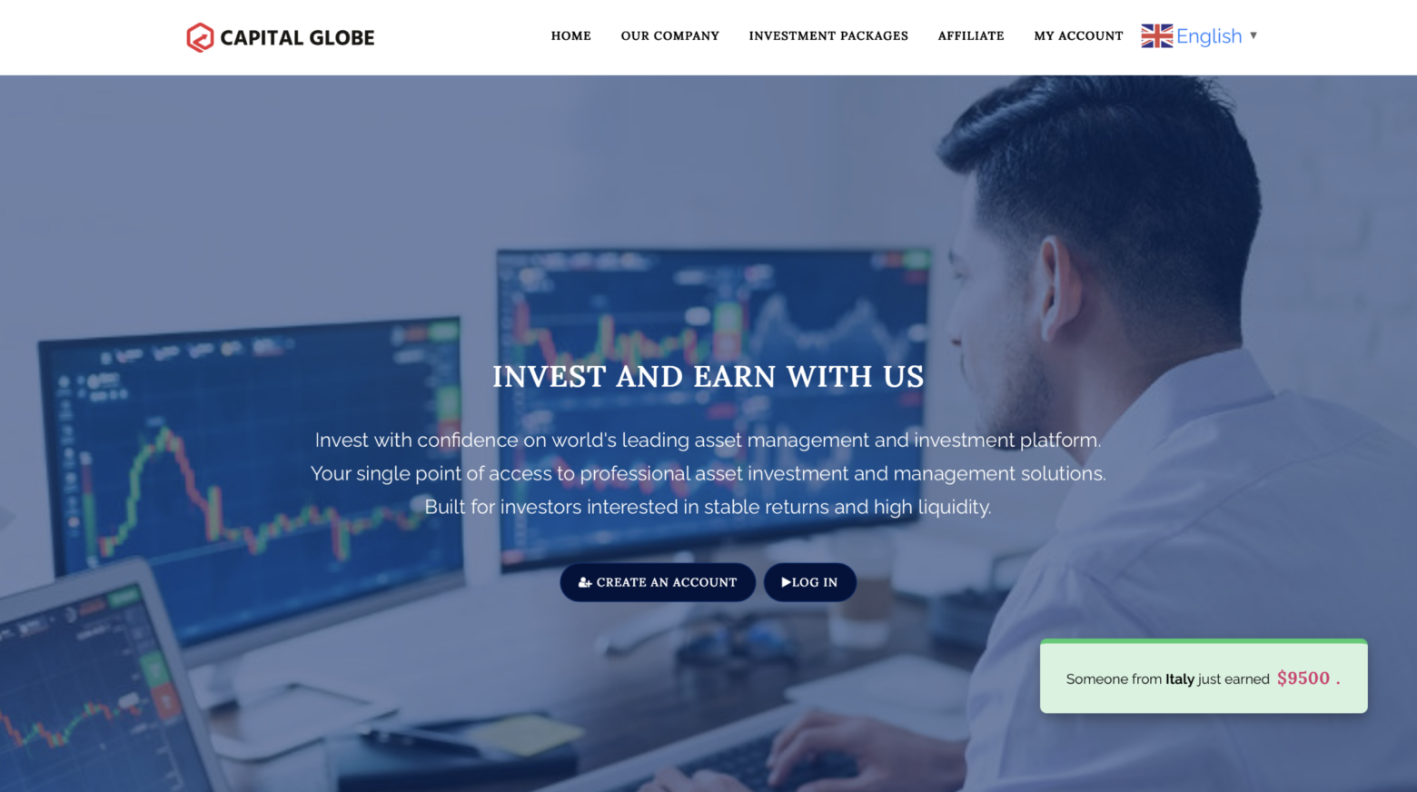capitalgblobe.com homepage screenshot showing unregulated investment platform