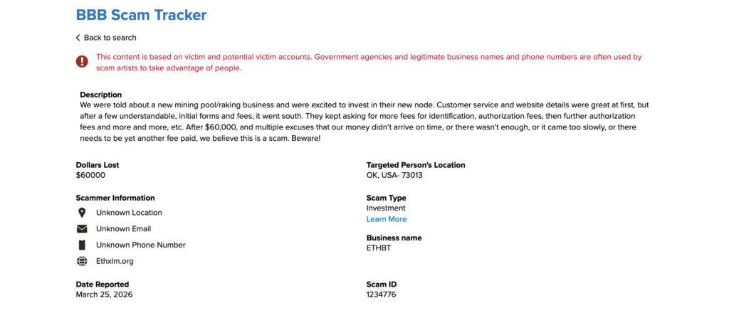 Red flags of fake crypto mining pool scams including Ethxlm.org and ETHBT fraud tactics