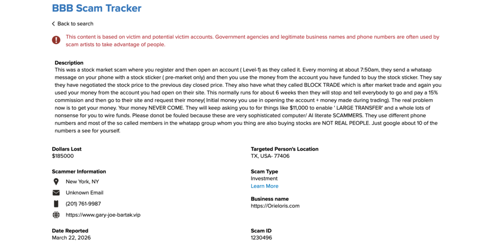 Person reporting orieloris.com stock trading scam to FTC and FBI IC3 to recover lost investment money