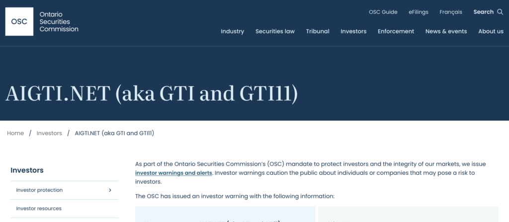 CSA and OSC official investor warning for AIGTI.net GTI GTI11 unregistered crypto platform issued March 2026