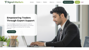 Signal-markets.com homepage screenshot showing fraudulent trading platform officially warned against by FSMA Belgium in March 2026