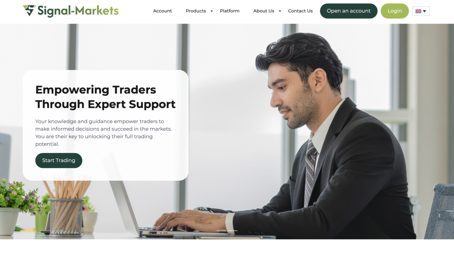 Signal-markets.com homepage screenshot showing fraudulent trading platform officially warned against by FSMA Belgium in March 2026