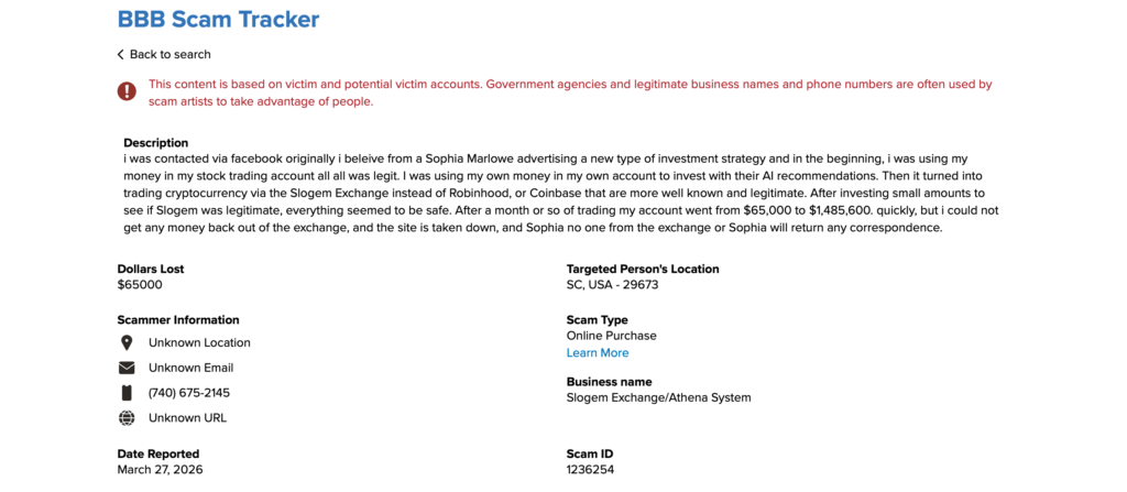 BBB Scam Tracker fraud report against Slogem Exchange and Athena System showing $65,000 loss filed March 2026
