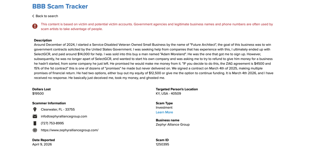 BBB Scam Tracker fraud report 1250395 against Zephyr Alliance Group and Adam Moreland showing $19,500 loss from veteran small business owner in 2026