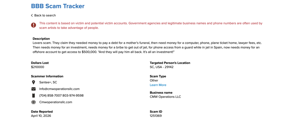 Six stage escalation diagram of CMW Operations LLC romance fraud from initial relationship through funeral demands jail in Spain and fake offshore account