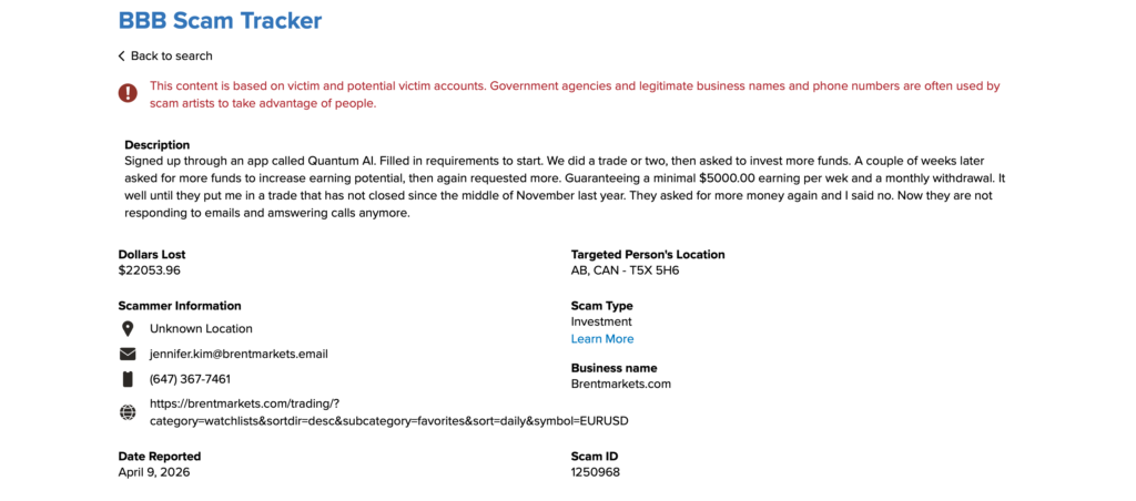 Alberta investor contacting bank and CIRO to report Brentmarkets.com Quantum AI investment fraud and begin recovery of $22,053 lost funds in 2026