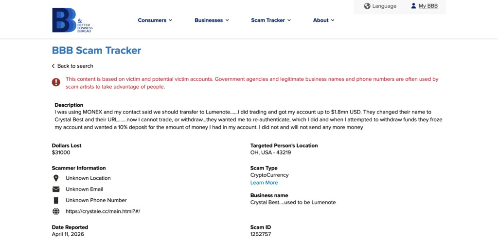 Timeline showing Crystale.cc fraud platform rebranding from MONEX to Lumenote to Crystal Best a serial fake crypto exchange operation exposed in 2026