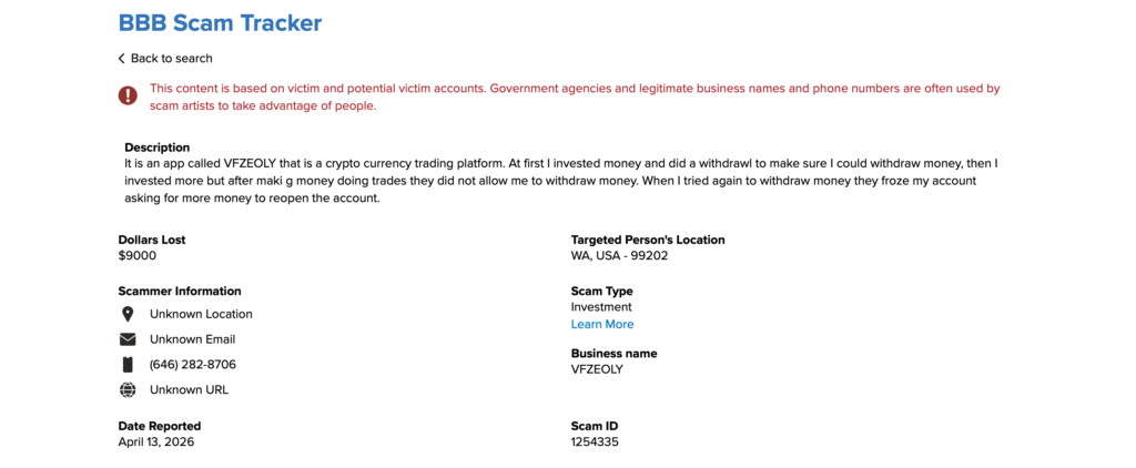 Washington state investor reporting VFZEOLY fake crypto trading app fraud to FBI IC3 FTC and DFI after $9,000 account frozen advance fee scam in 2026
