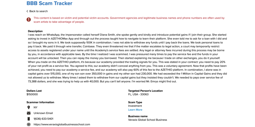 BBB fraud tracker report for Veraxis Global Business School