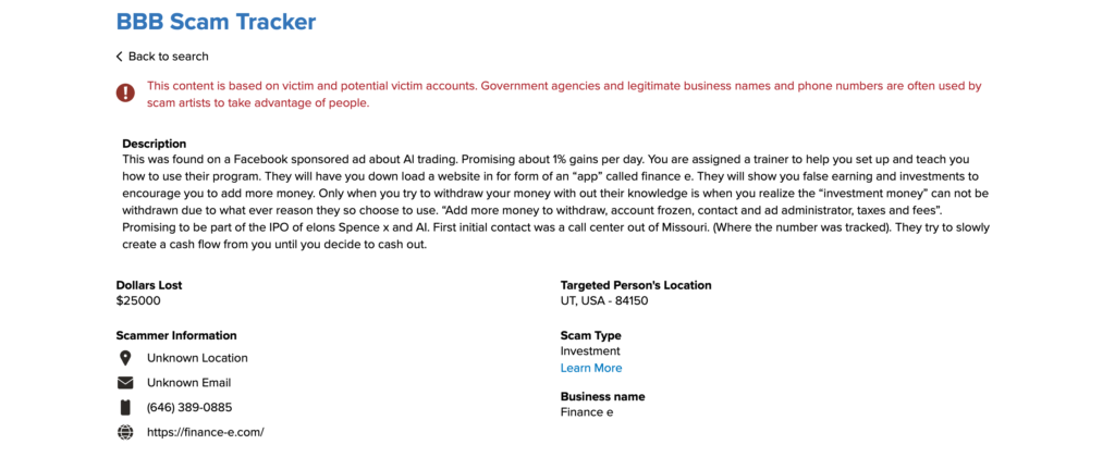 BBB scam tracker report for finance-e.com