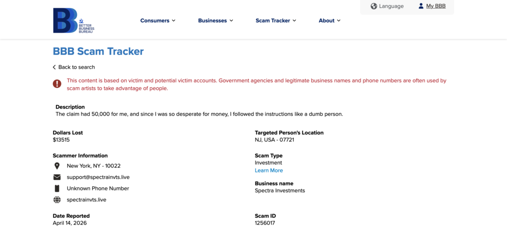 BBB Scam Tracker report for Spectra Investments spectrainvts.live