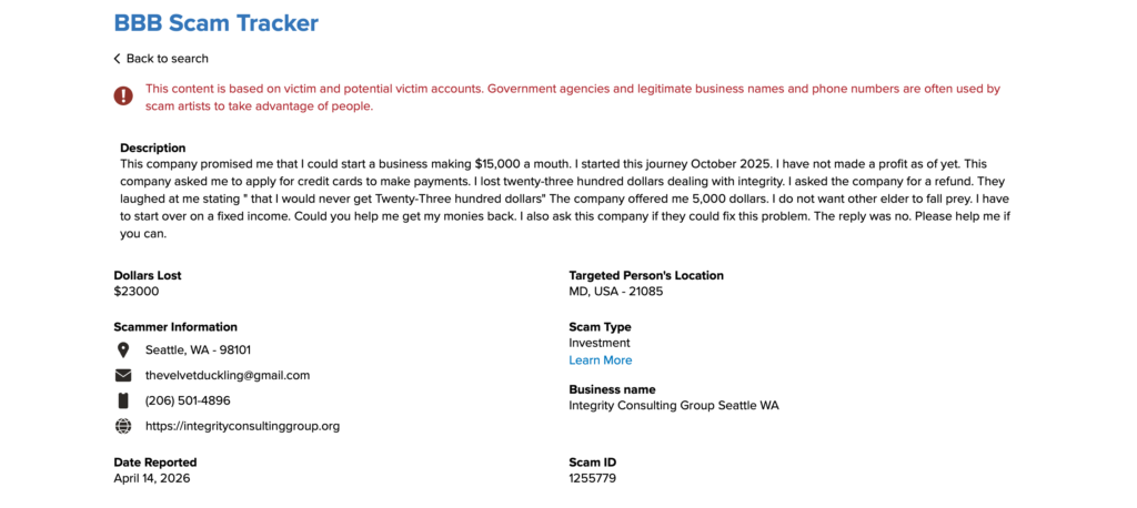 BBB Scam Tracker report for Integrity Consulting Group Seattle WA