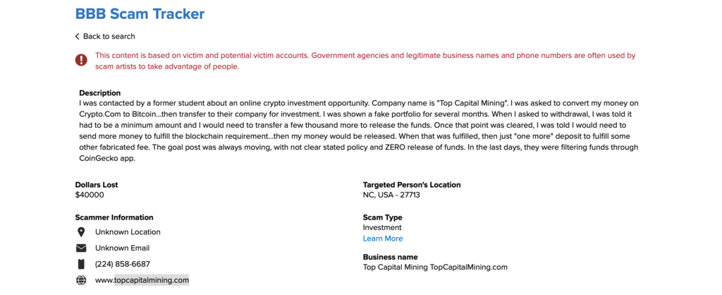 topcapitalmining.com fake Bitcoin mining website screenshot