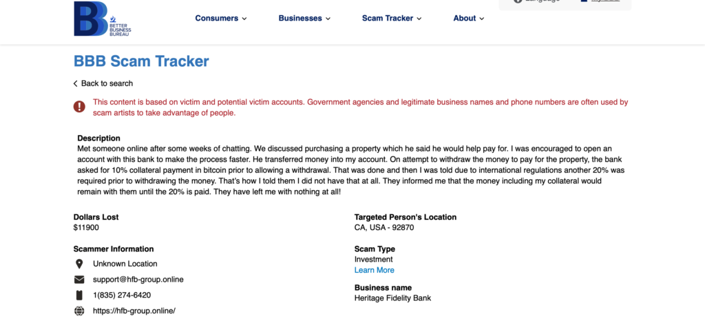 Fake online bank bitcoin collateral withdrawal blocked