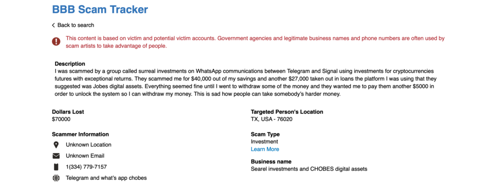 CHOBES Digital Asset Center fake trading dashboard screenshot